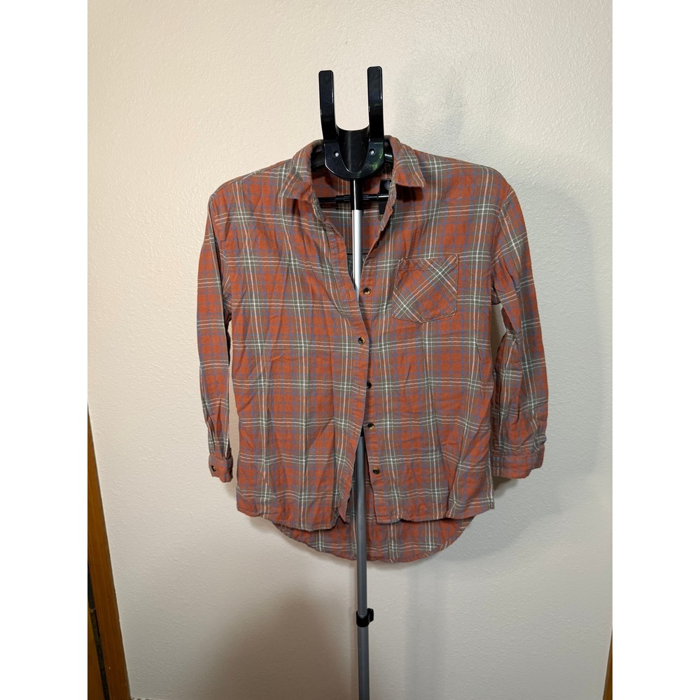 Love Notes Plaid Flannel Button Down Shirt Orange Blue White Small 100% Cotton